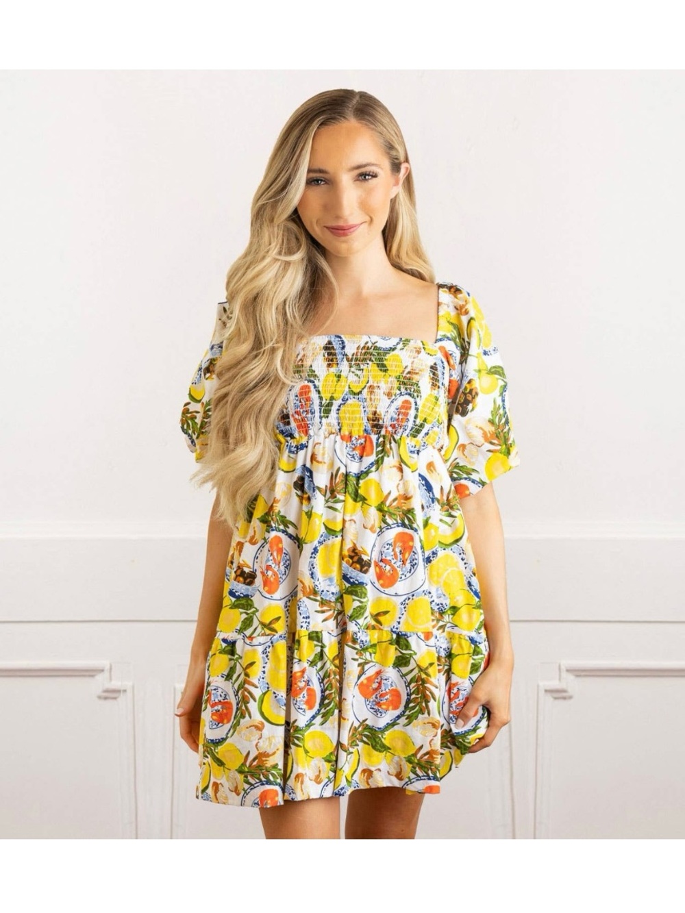 Lemon Santorini Puff Sleeve Smocked Dress
